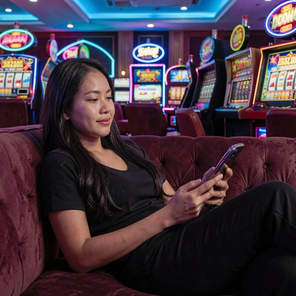 Focused Filipino woman browsing casino games on her phone while sitting in a modern lounge with bright slot machines behind her using the UUUUPH app