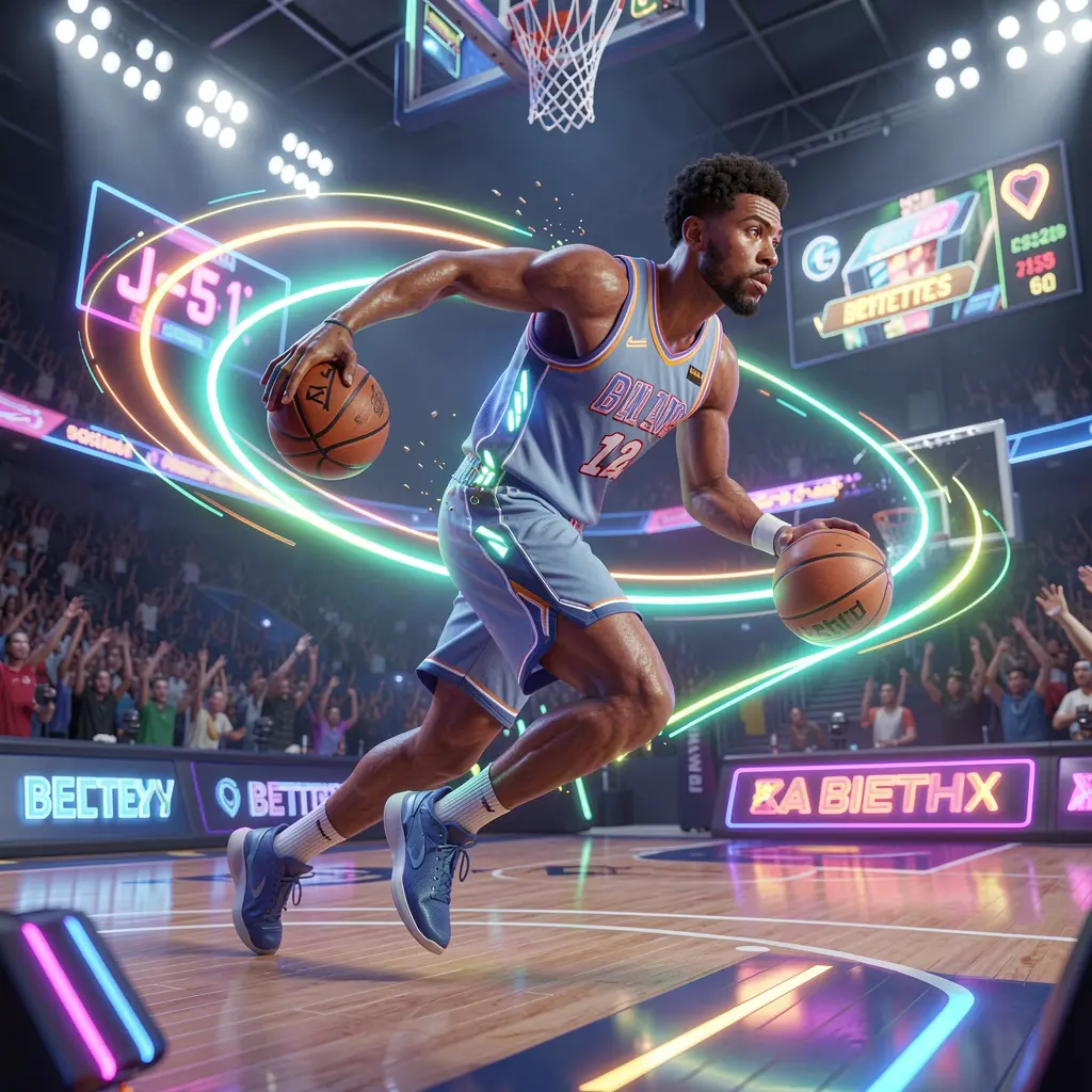 Stylized neon basketball player soaring through the air above a digital court highlighting fast paced sports betting excitement on UUUUPH Philippines