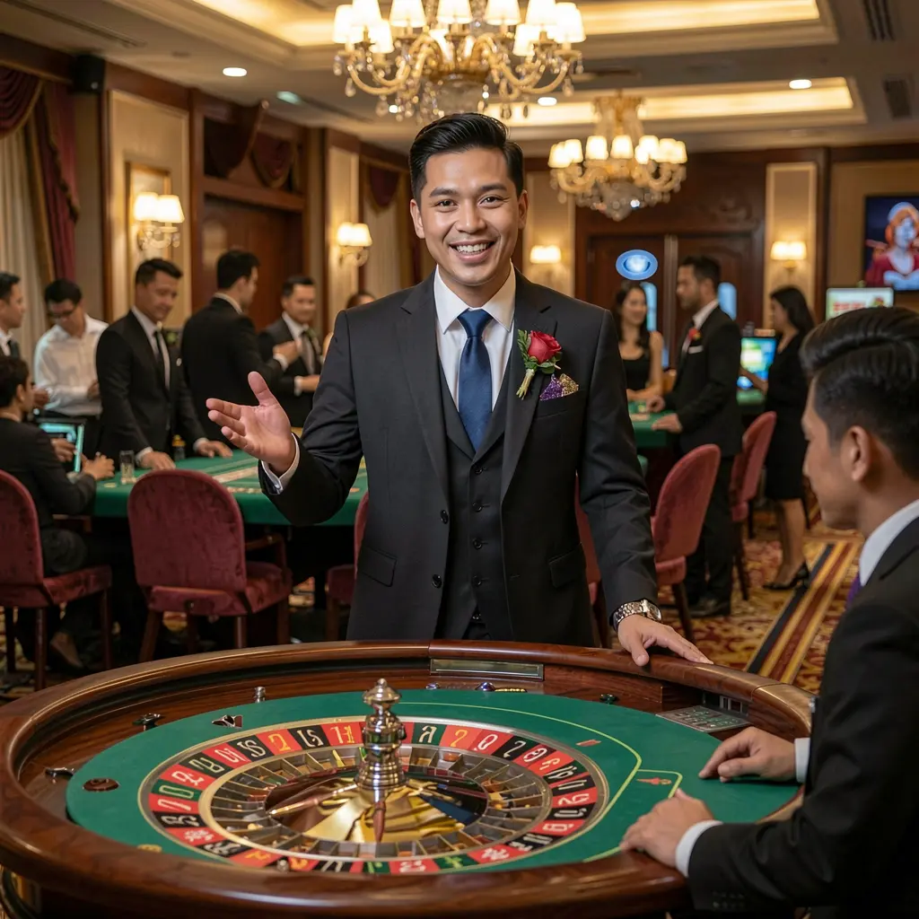 Stylish casino dealer from the Philippines welcoming players at a roulette table inside the luxurious UUUUPH live casino environment
