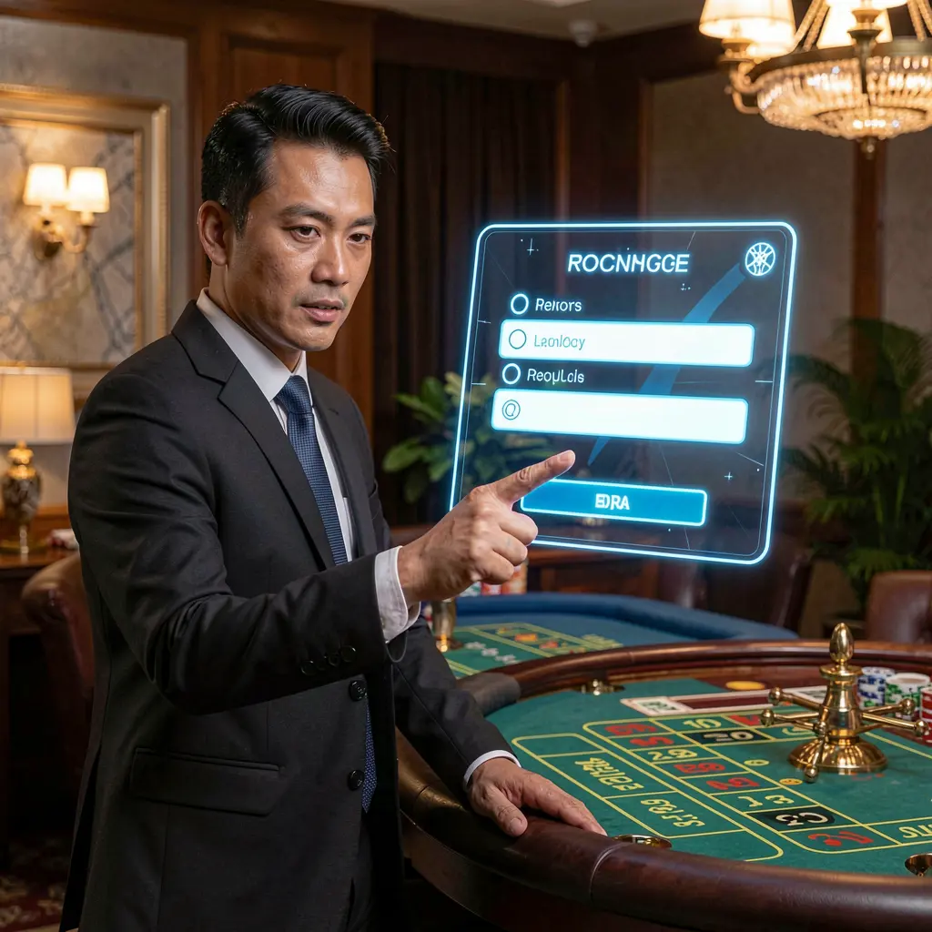 Professional casino dealer from the Philippines pointing at a glowing holographic login panel with a roulette table behind him at UUUUPH