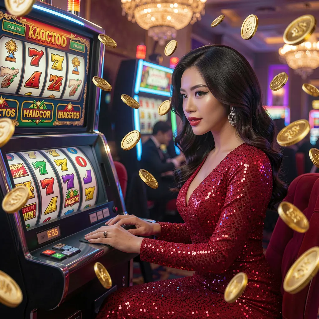 Stylish female player enjoying premium slot gameplay with dynamic lighting and flying coins at UUUUPH casino designed for the Philippines market